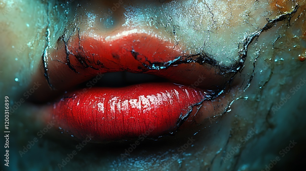 Obraz premium Close-up cracked skin, red lips, artistic makeup