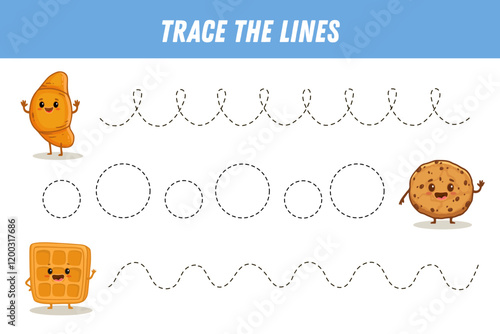  Tracing lines for kids. Cute cartoon sweets. Funny food characters. Handwriting practice. Educational game for preschool kids. Activity page. Vector