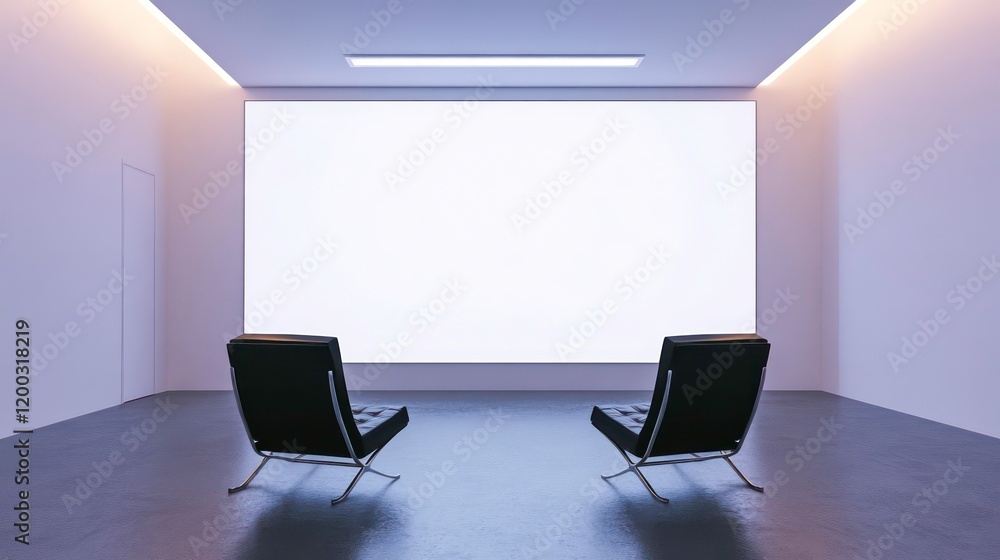 A room with a white wall and two black chairs. The chairs are facing a large white screen A room with a white wall and two black chairs. The chairs are facing a large white screen