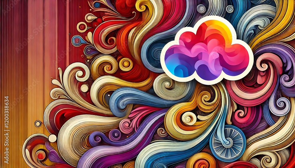 Abstract colorful background with swirling patterns in vibrant red, purple, and yellow, with cloud shaped sticker for text. Generative AI Abstract colorful background with swirling patterns in vibrant red, purple, and yellow, with cloud shaped sticker for text. Generative AI