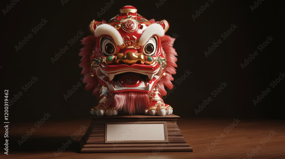 Obraz premium Vibrant depiction of a 3d sculpture of a traditional lion dance mask, painted in red and gold, placed on a wooden base with a blank plaque for customization.