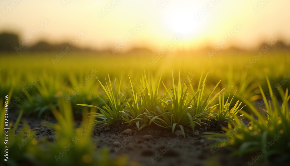 Fototapeta premium Fresh green sprouts in a meadow illuminated by golden sunrise light, clear sky above