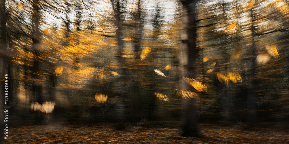 Naklejka premium Blurred Autumn Leaves Falling in a Golden Forest