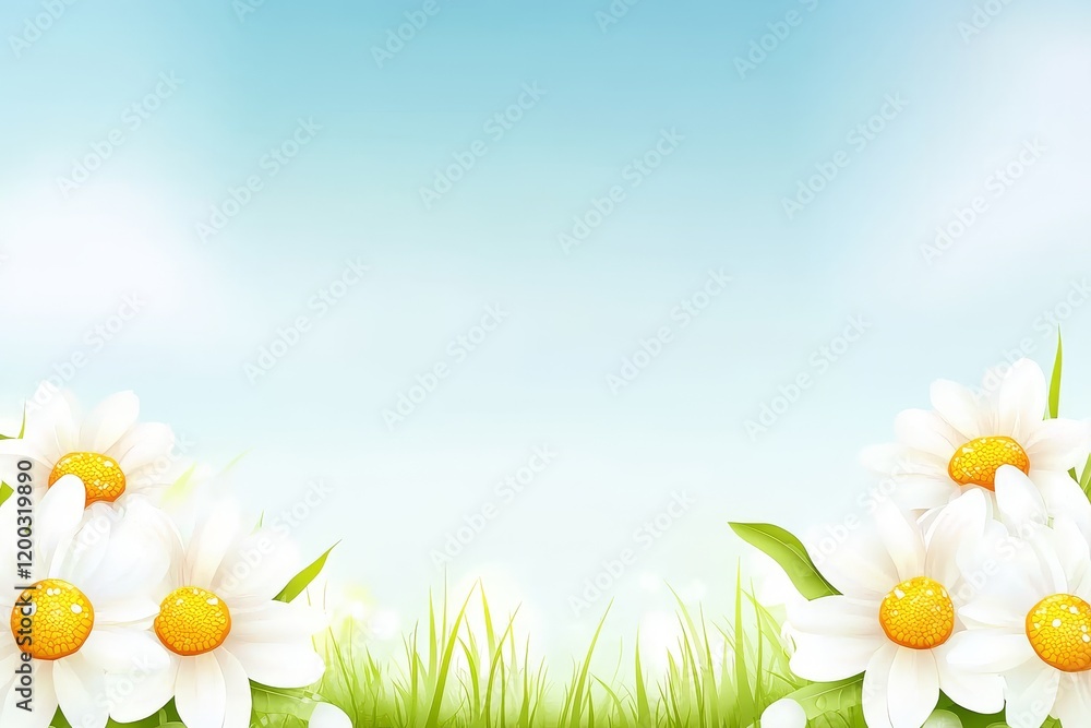 In the spring, dew-covered daisies sit prettily on a bed of emerald green grass In the spring, dew-covered daisies sit prettily on a bed of emerald green grass