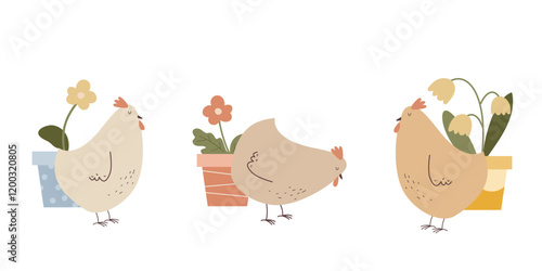 Chickens and flowerpots vector clipart. Set of spring flower pots with flowers and farm. Hand drawn illustration on transparent background. Perfect for kids designs, postcards, baby shower.