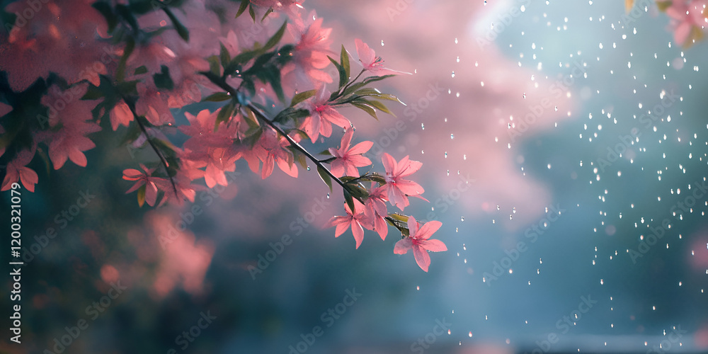 Blurred Raindrops Falling in an Urban Botanical Garden