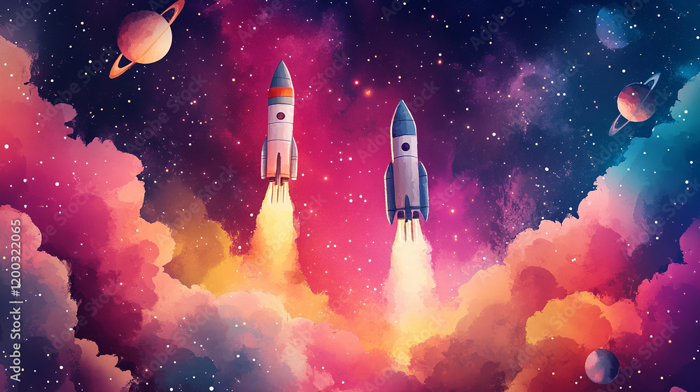 The image depicts two rockets launching into space against a vibrant, colorful backdrop filled with stars, clouds, and planets, creating a visually striking and fantastical scene The image depicts two rockets launching into space against a vibrant, colorful backdrop filled with stars, clouds, and planets, creating a visually striking and fantastical scene