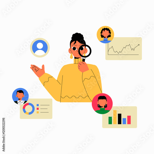 Female Character Conducting Team Research With Data and Profile Icons in Flat Vector Illustration Symbolizing Recruitment, Analytics, and Human Resources, Isolated on White Background