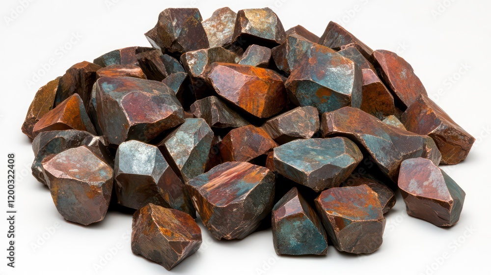 A pile of copper ore rocks with patina. Natural specimens displaying a blend of reddish-brown and greenish-blue hues. A pile of copper ore rocks with patina. Natural specimens displaying a blend of reddish-brown and greenish-blue hues.