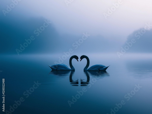 Schwäne im Nebel bilden Herzform auf ruhigem Wasser

 photo