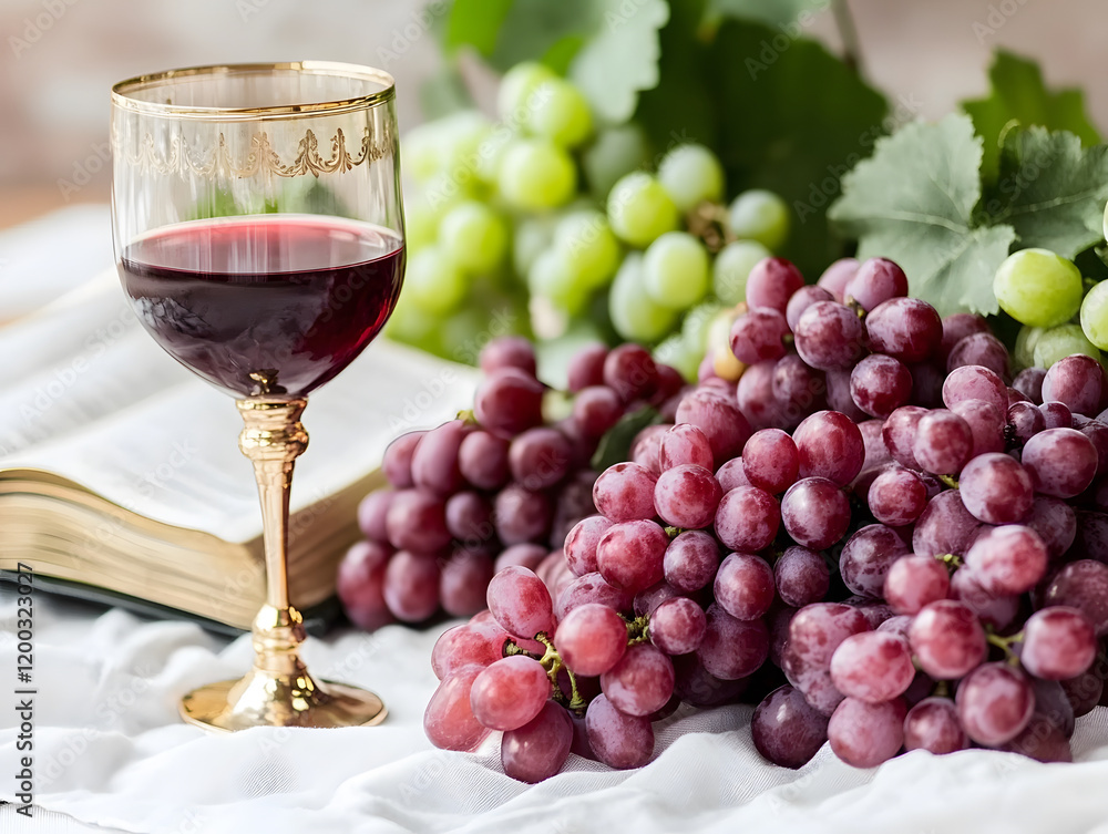 Holy Communion Composition. Golden chalice with grapes, open Bible, and white flowers on a light blurred background. Copy space. Holy Communion Composition. Golden chalice with grapes, open Bible, and white flowers on a light blurred background. Copy space.