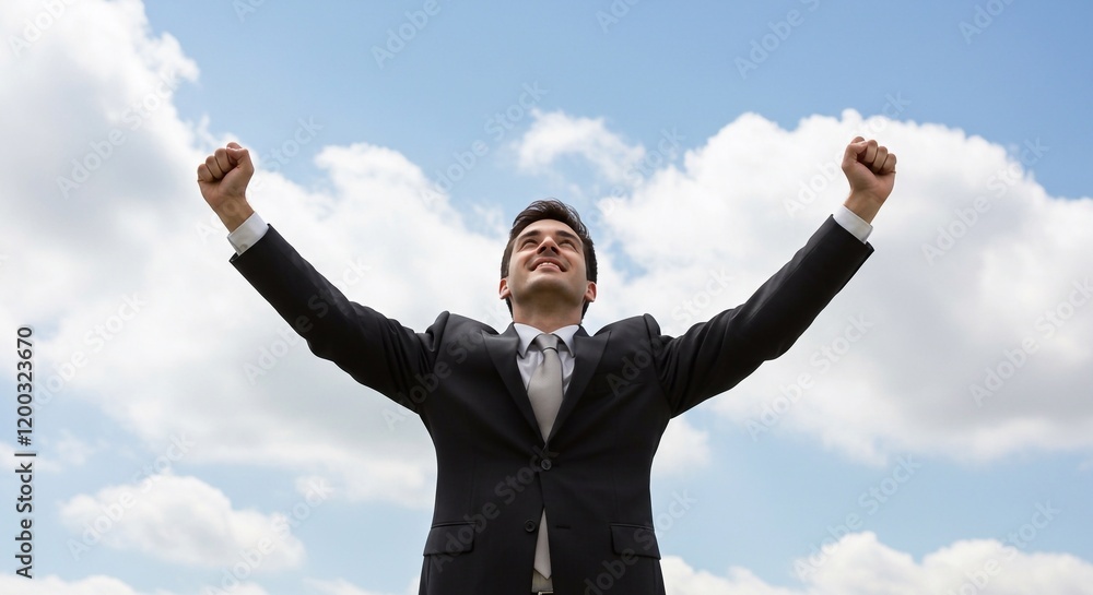 Celebrate, sky and businessman with open arms for success, freedom and energy with clouds. Male leader, winner and outdoor for victory, growth and achievement in corporate company with happiness
Celebrate, sky and businessman with open arms for success, freedom and energy with clouds. Male leader, winner and outdoor for victory, growth and achievement in corporate company with happiness