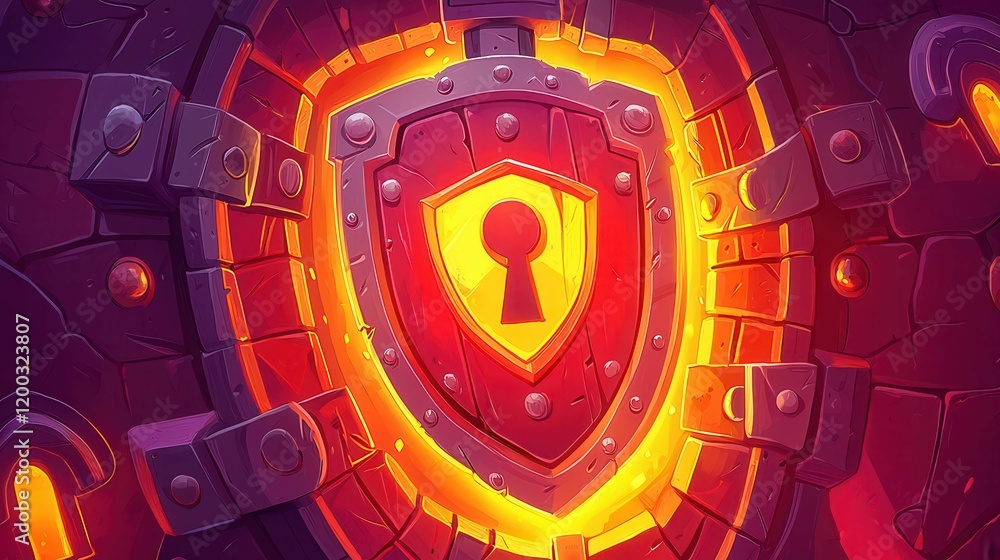 Obraz premium A vibrant cartoon shield design featuring a keyhole, set against a textured stone backdrop with warm colors.