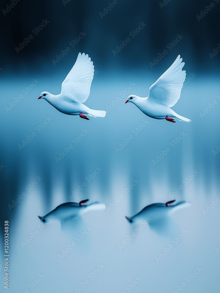 Obraz premium Fliegende Tauben spiegeln sich im ruhigen Wasser