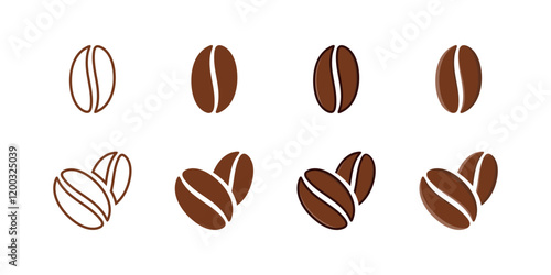 A collection of coffee bean icons in outline, flat fill and outline fill styles on a white isolated background