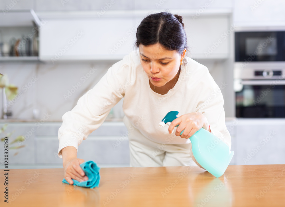 Smiling young woman wiping kitchen countertop with cleaning spray and cloth Smiling young woman wiping kitchen countertop with cleaning spray and cloth