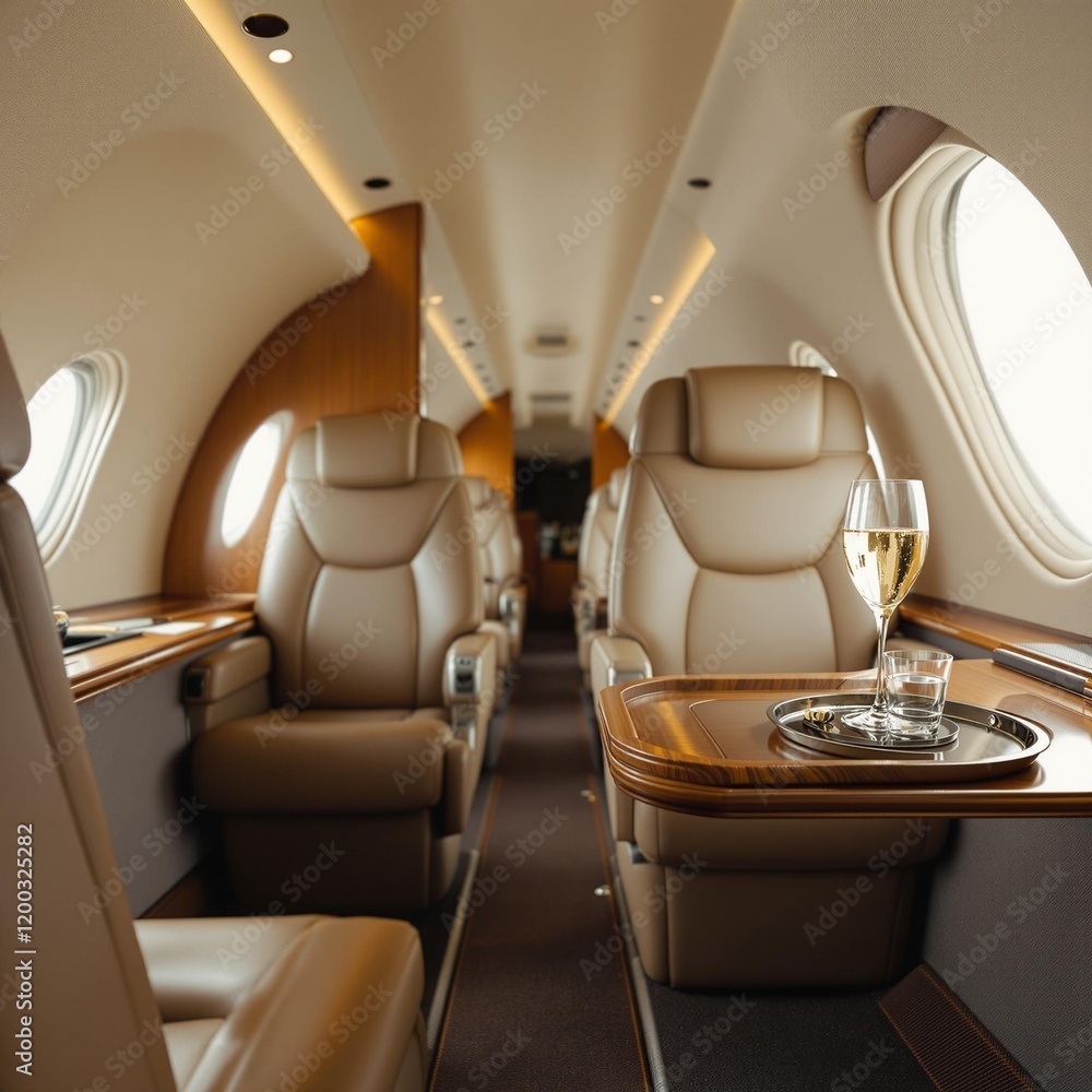 Fototapeta premium interior of a private airplane with two rows of leather seats, a table with a glass of water, and a window letting in natural light.