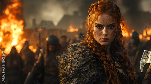 Fierce redhead warrior woman amidst burning village battle.