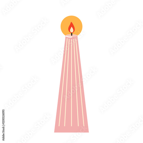 Tall pink candle with flame and light rays on a white background. cozy aromatic candle. Aromatherapy and relaxation. vector illustration