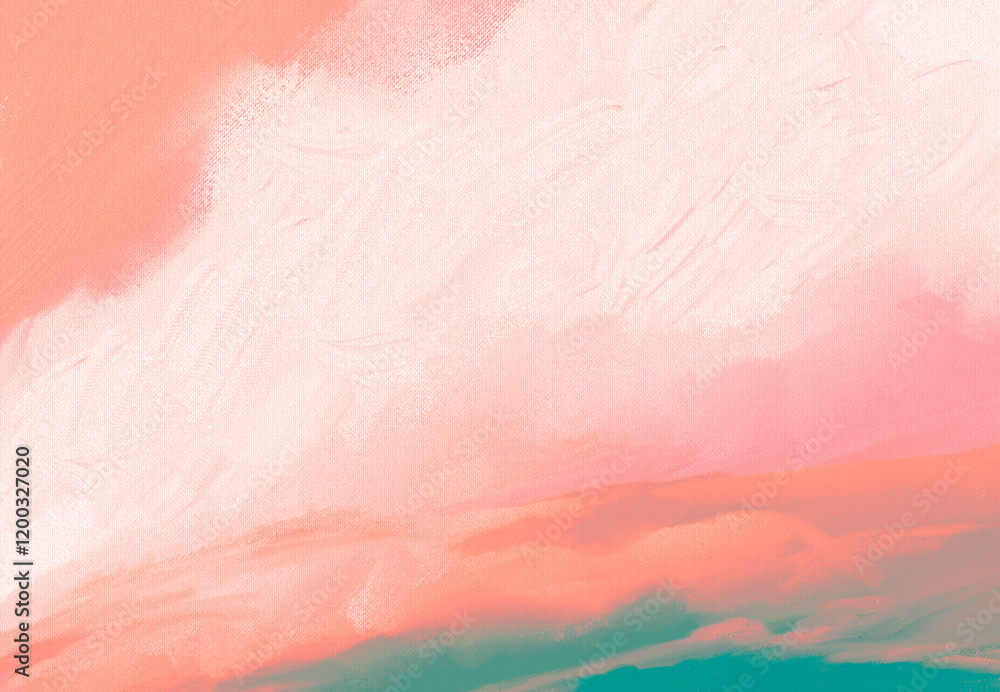 Fototapeta premium Impressionistic Cloudscape of Misty Clouds Over Mountain or Hilltop-Digital Painting, Art, Illustration, Artwork, Design w/Texture in Orange, Pink & Green