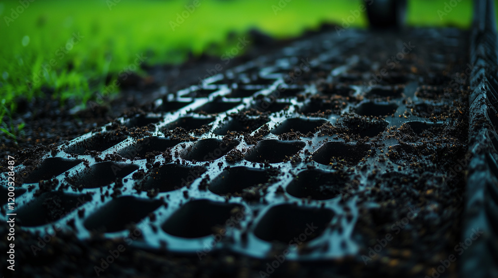 A sharp and detailed view of a manual garden roller aerator being pushed, its perforated pattern forming a neat grid across the turf, with fresh soil crumbs scattered around A sharp and detailed view of a manual garden roller aerator being pushed, its perforated pattern forming a neat grid across the turf, with fresh soil crumbs scattered around