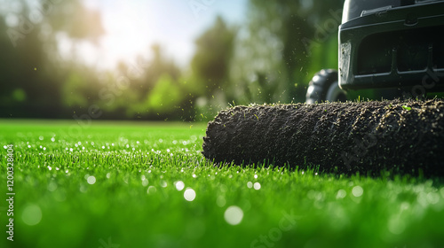 A focused shot of a garden roller aerator moving across the lawn, the spiked blades sinking into the ground, leaving a neat pattern of holes for better root aeration photo