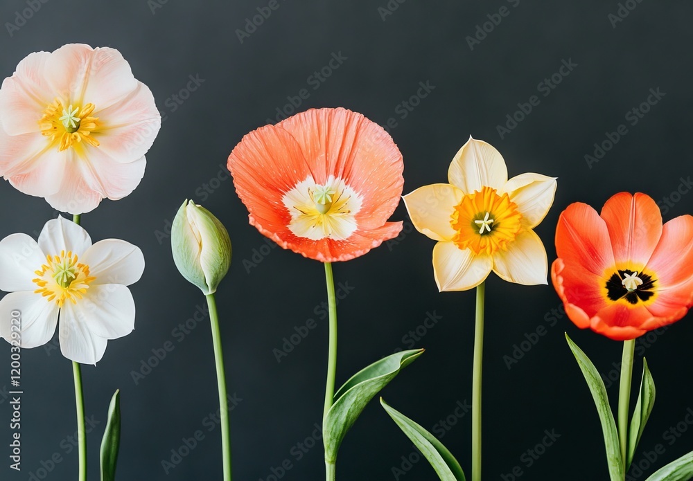 Fototapeta premium Various poppies, colorful and diverse, in front of a brightly lit wall