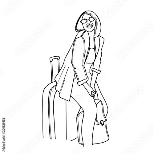 Vector illustration of the stylish woman in sunglasses, smiling as she sits on her suitcase while holding a handbag. Her confident posture and modern outfit reflect a trendy traveler 