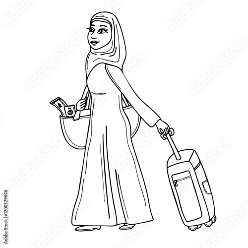 Tourist female in a hijab traveling with a suitcase and holding a passport and money, minimalistic style vector illustration. Excitement for journey, traveller, tourism theme.