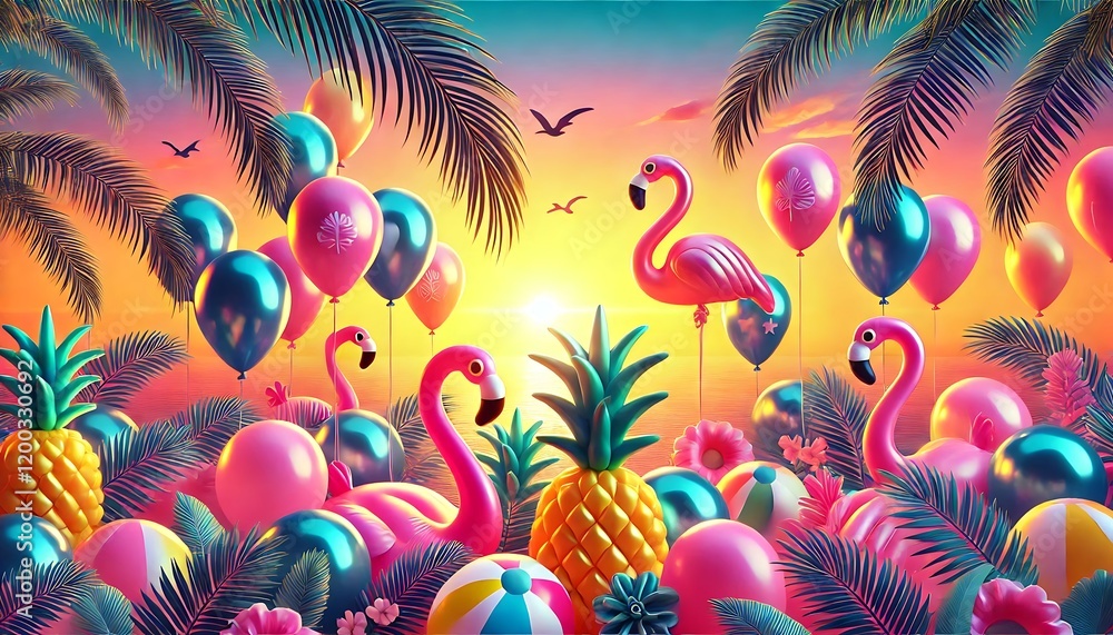 tropical background with balloons shaped like flamingos, pineapples, and palm leaves, against sunset gradient. Generative AI