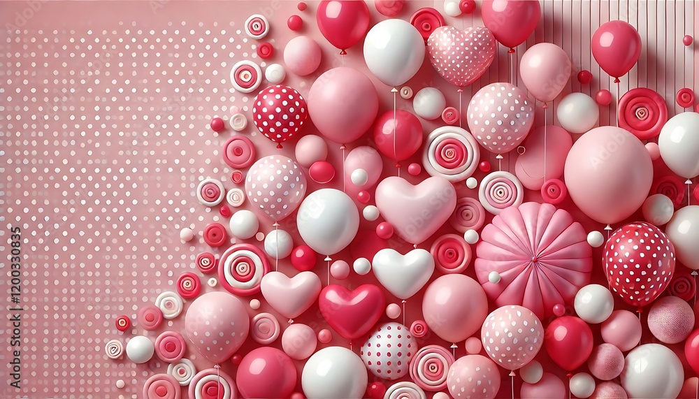 cheerful pink polka dot background with mix of round and heart shaped balloons in matching pink, white, and red tones. Generative AI cheerful pink polka dot background with mix of round and heart shaped balloons in matching pink, white, and red tones. Generative AI