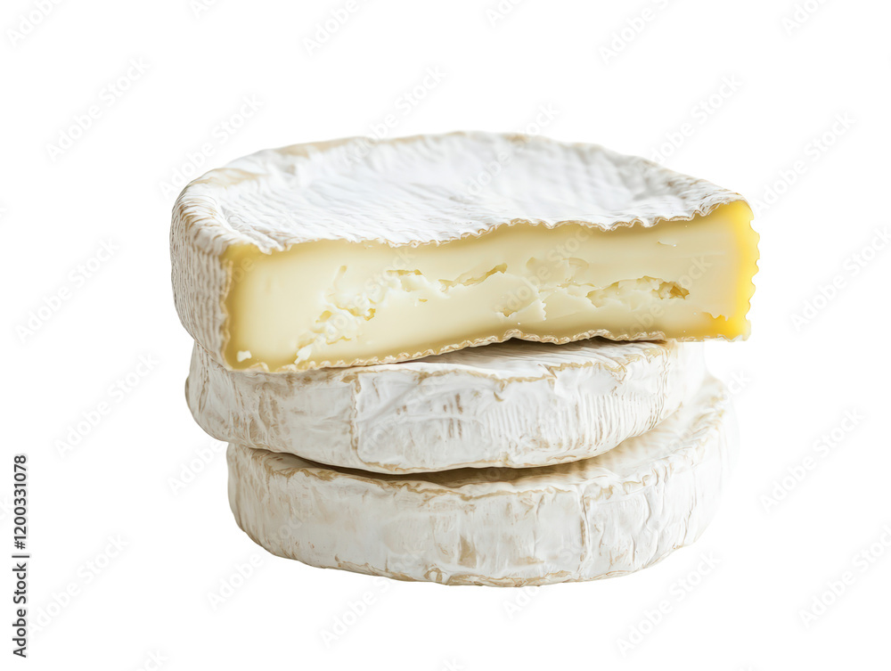 Isolated Stack of Three Camembert Cheese Rounds, Top Slice Isolated Stack of Three Camembert Cheese Rounds, Top Slice