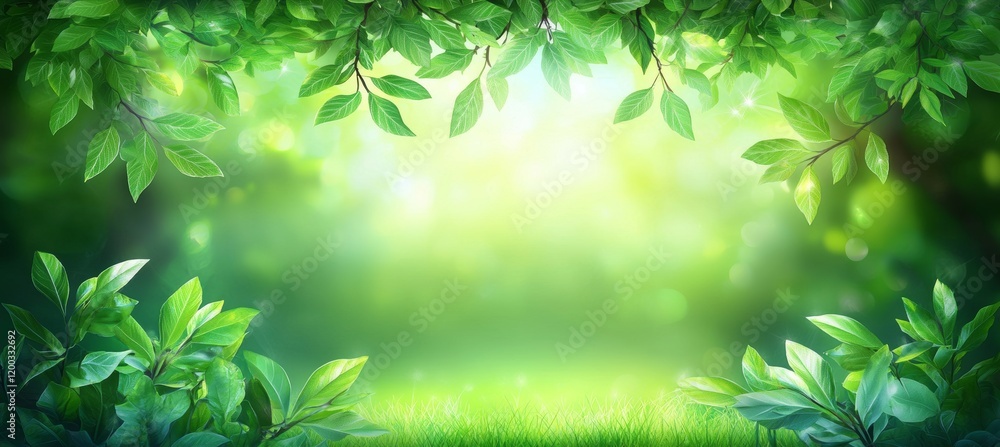 Fresh, lush foliage frames a defocused background in a beautiful natural spring and summer setting, with bokeh adding depth to the scene Fresh, lush foliage frames a defocused background in a beautiful natural spring and summer setting, with bokeh adding depth to the scene