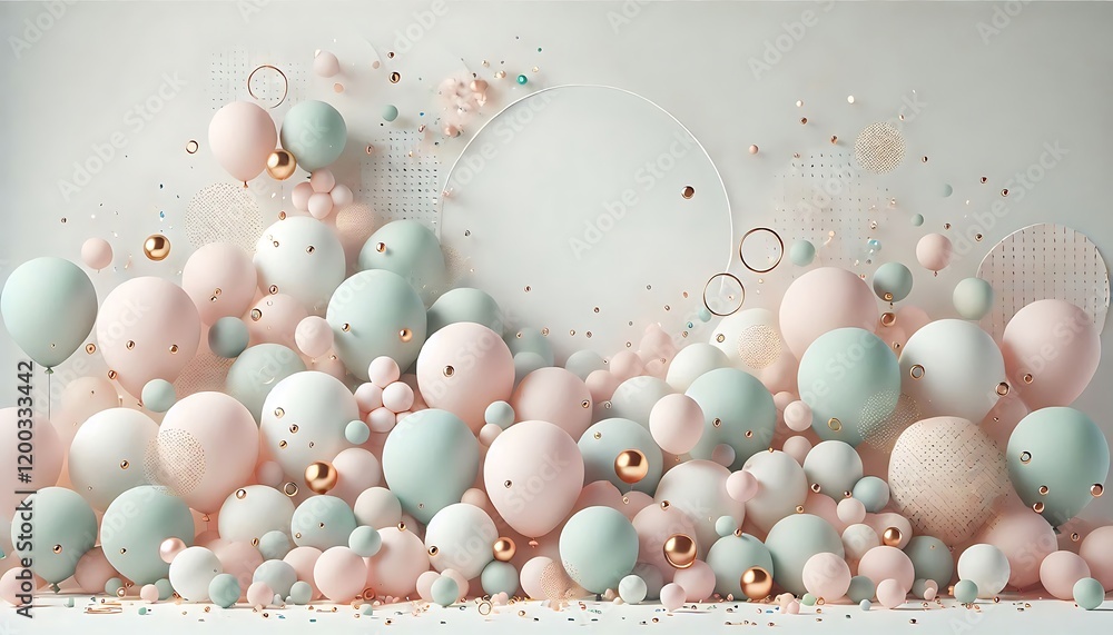 Minimalistic white background with clusters of pastel balloons in soft pink, mint, and lavender, accented with tiny golden confetti. Generative AI Minimalistic white background with clusters of pastel balloons in soft pink, mint, and lavender, accented with tiny golden confetti. Generative AI