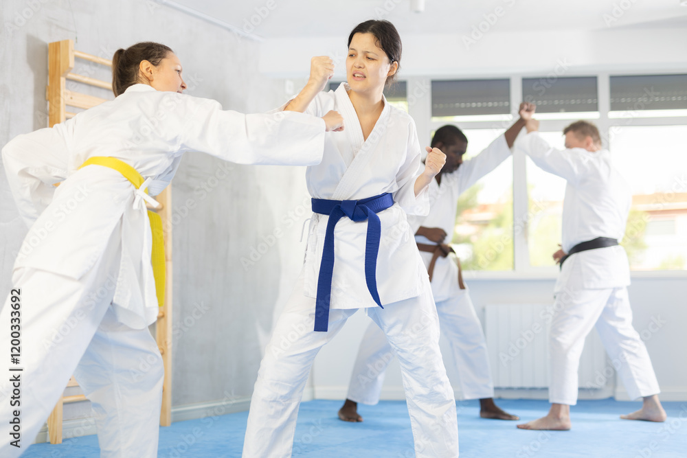 Active middle-aged woman attendee of karate classes practicing fighting techniques during workout session Active middle-aged woman attendee of karate classes practicing fighting techniques during workout session