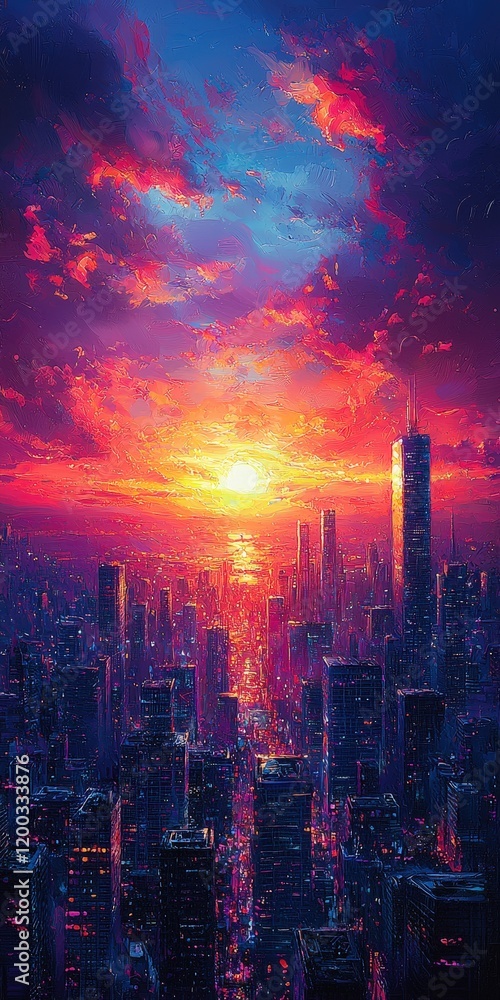 Fototapeta premium A vibrant cityscape at sunset painted with thick impasto strokes. Perfect for backgrounds, posters, or book covers.