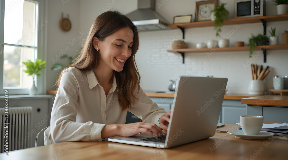 Young businesswoman manage business from home on remote, freelancer using laptop sit kitchen table on self-quarantine, work over personal growth, apply for online courses to learn new skills Young businesswoman manage business from home on remote, freelancer using laptop sit kitchen table on self-quarantine, work over personal growth, apply for online courses to learn new skills