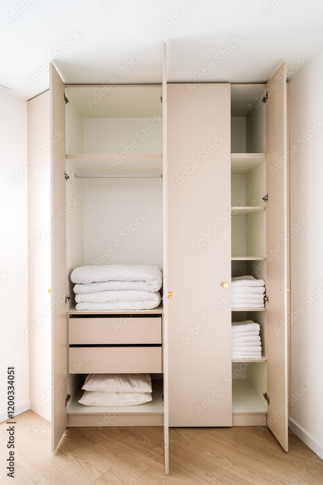 Fototapeta premium Modern wardrobe design in a stylish bedroom with organized storage