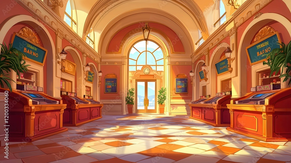 Obraz premium A bright and inviting interior of a grand hall with elegant architecture and decorative plants.