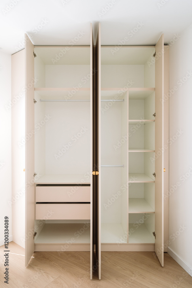 Neatly organized bedroom wardrobe with modern design and ample storage space Neatly organized bedroom wardrobe with modern design and ample storage space
