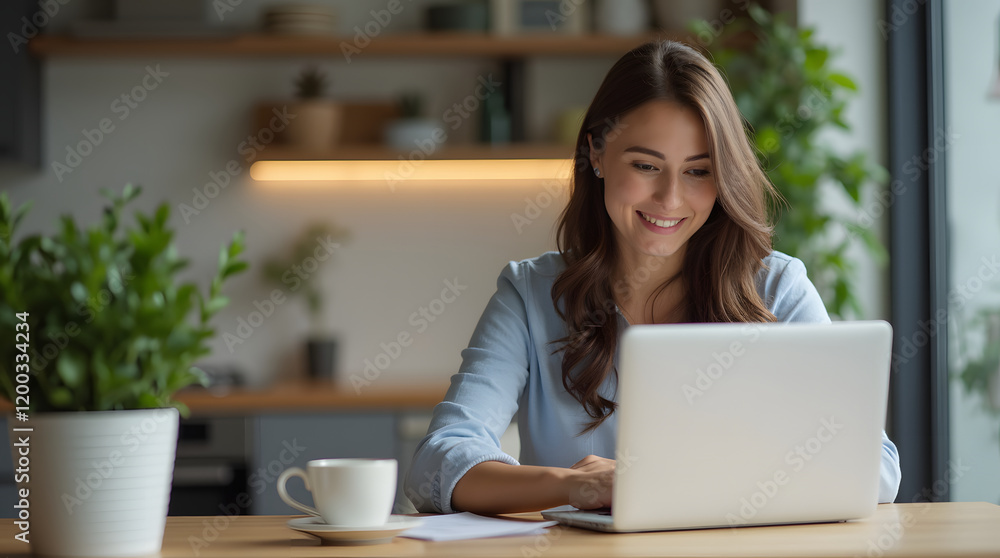 Young businesswoman manage business from home on remote, freelancer using laptop sit kitchen table on self-quarantine, work over personal growth, apply for online courses to learn new skills Young businesswoman manage business from home on remote, freelancer using laptop sit kitchen table on self-quarantine, work over personal growth, apply for online courses to learn new skills
