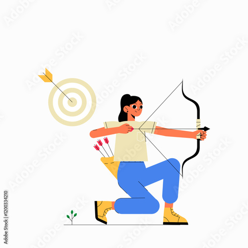 Female Archer Aiming Bow At Target In Flat Vector Illustration Symbolizing Archery, Strength, And Precision, Isolated On White Background