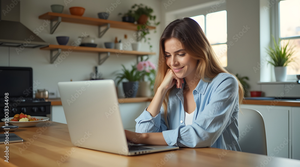 Young businesswoman manage business from home on remote, freelancer using laptop sit kitchen table on self-quarantine, work over personal growth, apply for online courses to learn new skills Young businesswoman manage business from home on remote, freelancer using laptop sit kitchen table on self-quarantine, work over personal growth, apply for online courses to learn new skills