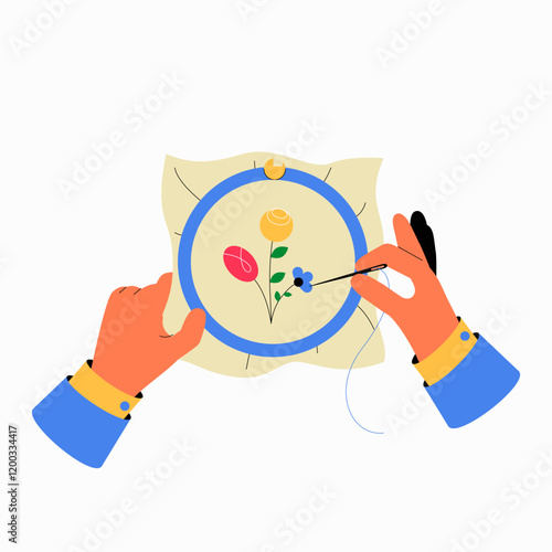 Hands Embroidering Flowers On Fabric In Flat Vector Illustration Symbolizing Craft, Creativity, And Handicraft, Isolated On White Background