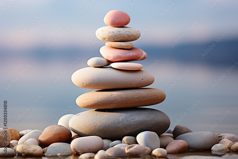 A close-up of a smooth pebble stack on a pale sandy surface, softly lit by a gentle, diffused light A close-up of a smooth pebble stack on a pale sandy surface, softly lit by a gentle, diffused light