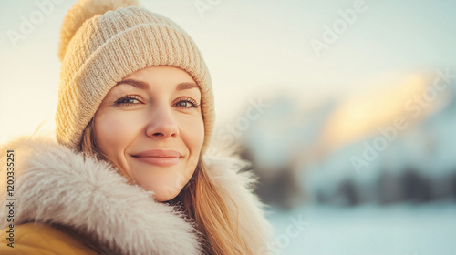 Blonde Woman Smiling in Wooly Hat, Scarf and Jacket, Close-Up Portrait in Snowy Winter Landscape, Embracing Beauty, Fashion, and Winter Outdoors, Cold Season Vibes.