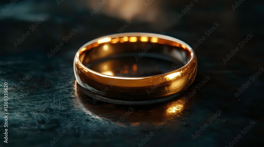 A gold ring sits on a black surface. The ring is shiny and has a smooth surface. The surface it is on is also shiny and has a reflective quality A gold ring sits on a black surface. The ring is shiny and has a smooth surface. The surface it is on is also shiny and has a reflective quality