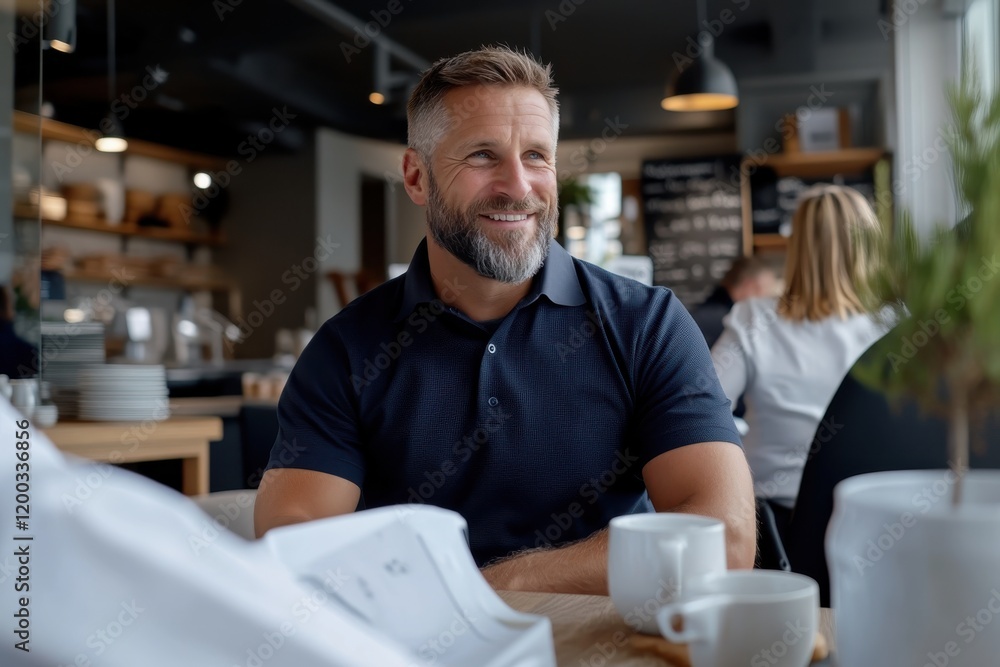 A cheerful bearded man enjoys a coffee moment in a stylish café, radiating joy and connection amidst a contemporary social environment filled with light and activity. A cheerful bearded man enjoys a coffee moment in a stylish café, radiating joy and connection amidst a contemporary social environment filled with light and activity.