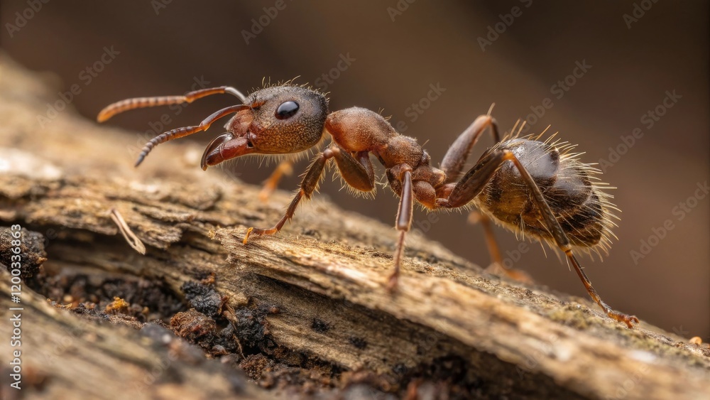 Ant crawling on wood natural habitat close-up photography forest floor macro view insect behavior analysis Ant crawling on wood natural habitat close-up photography forest floor macro view insect behavior analysis