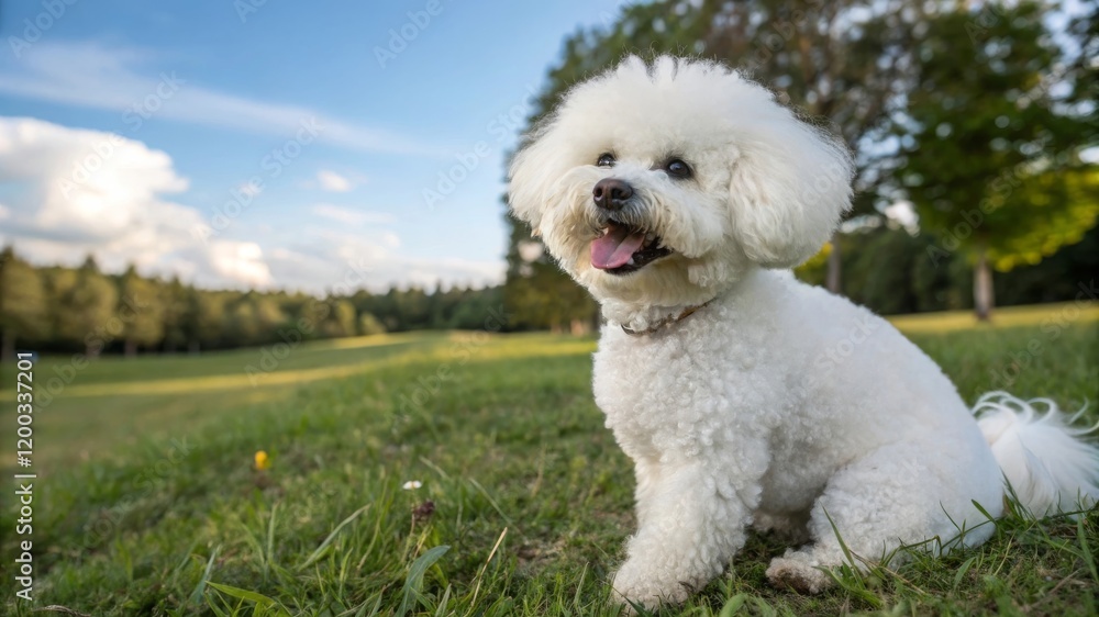 Playful bichon frise playing outdoors in a lush park pet photography natural light joyful atmosphere Playful bichon frise playing outdoors in a lush park pet photography natural light joyful atmosphere